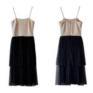 NWT Dress the Population Sequined Bodice Mesh Tiered Skirt Midi Dress Sz. XS